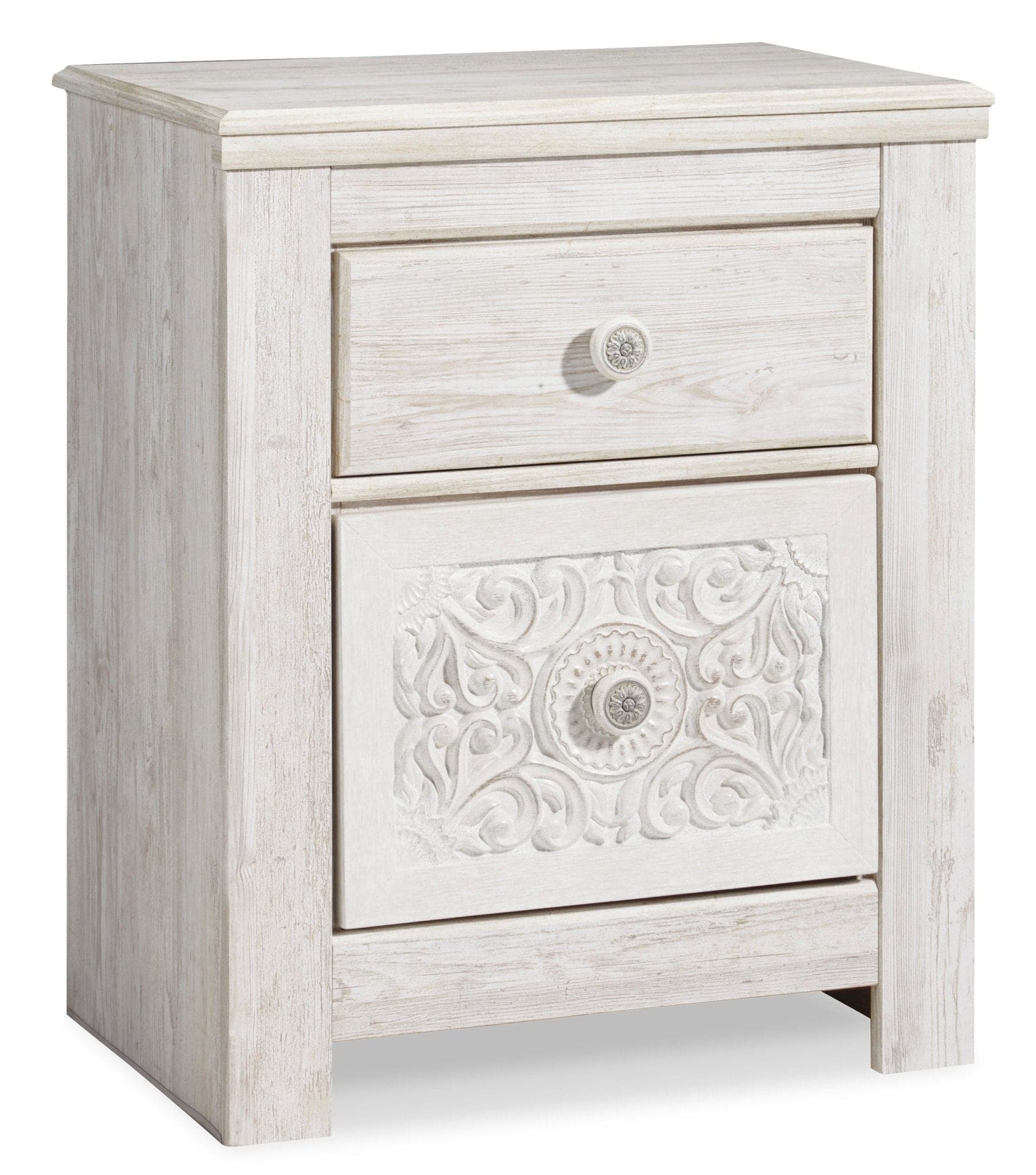 Carved Medallion Patterned Nightstand in Whitewash - HER Home Design Boutique